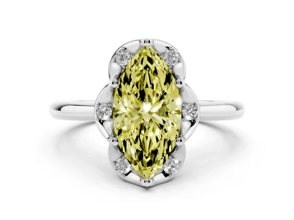 Fancy Yellow Marquise Cut Halo Diamond Ring with Round Cluster Setting, Solitaire Band, and Four-Prong Setting Platinum