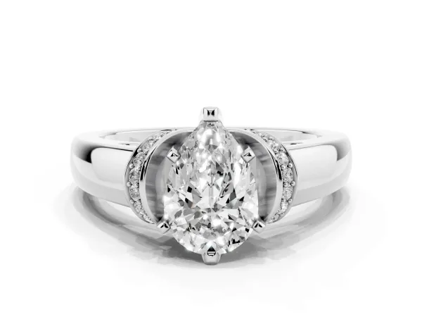 Pear Cut Solitaire Diamond Ring with Pave Band and Six-Prong Setting White gold