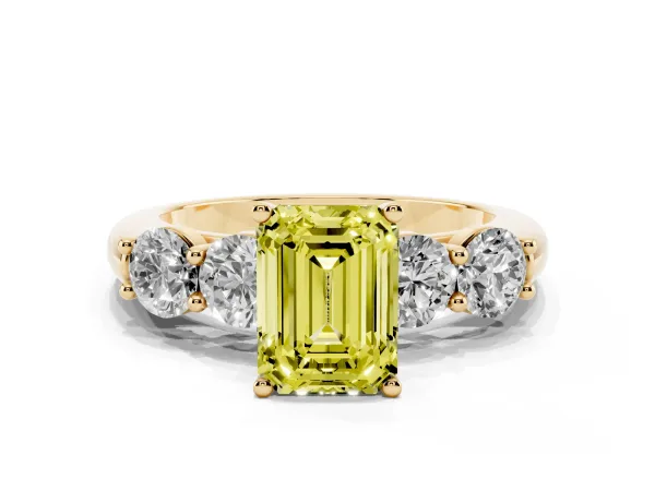 Fancy Yellow Emerald Cut Cut Five-Stone Prong Set Diamond Ring with Classic Band Yellow gold