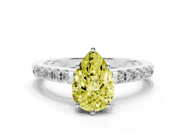 Fancy Yellow Pear Cut Solitaire Diamond Engagement Ring with Pavé Band and Six-Prong Setting White gold