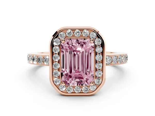 Fancy Pink Emerald Cut Diamond Halo Ring with Bezel Frame and Pavé Band Rose gold