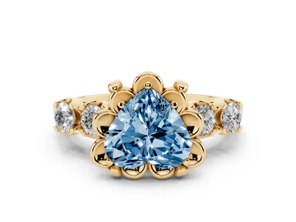 Fancy Blue Heart Cut Cut Diamond Floral Halo Engagement Ring with Shared Prong Setting Yellow gold