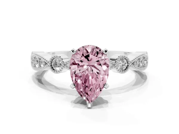 Fancy Pink Pear Cut Milgrain Bezel Diamond Engagement Ring with Solitaire Prong Setting Platinum