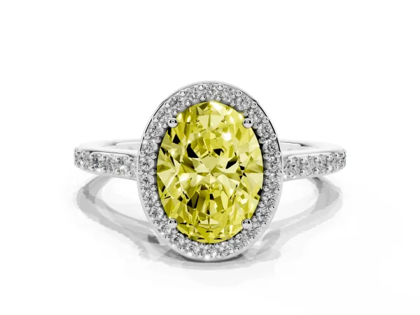 Fancy Yellow Oval Cut Diamond Halo Engagement Ring with Round Pavé Shoulders and Prong Setting Platinum