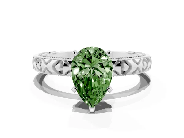 Fancy Green Pear Cut Solitaire Diamond Engagement Ring with XO Engraved Band and Four-Prong Setting White gold