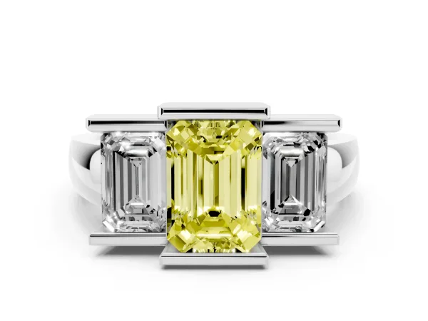 Fancy Yellow Three Stone Emerald Cut Cut Channel Set Diamond Ring Platinum