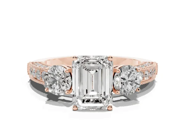 Emerald Cut Three-Stone Diamond Ring with Pavé Band and Four-Prong Setting Rose gold