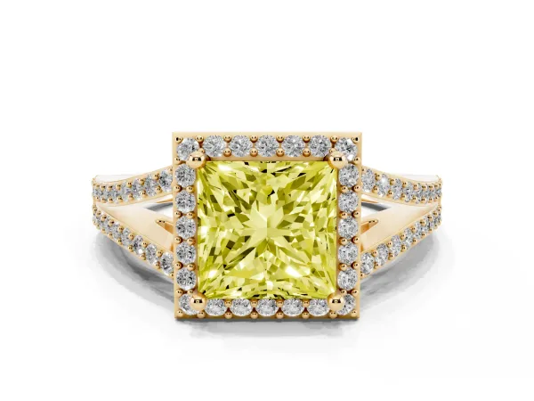 Fancy Yellow Princess Cut Halo Split Shank Diamond Ring with Prong Setting Yellow gold