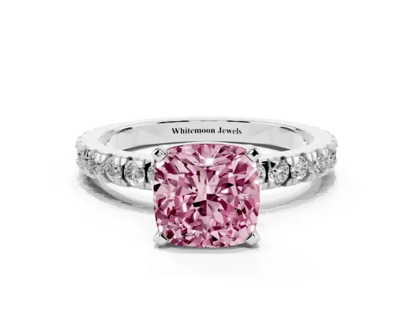 Fancy Pink Cushion Cut Diamond Pavé Band Solitaire with Four-Prong Setting Platinum