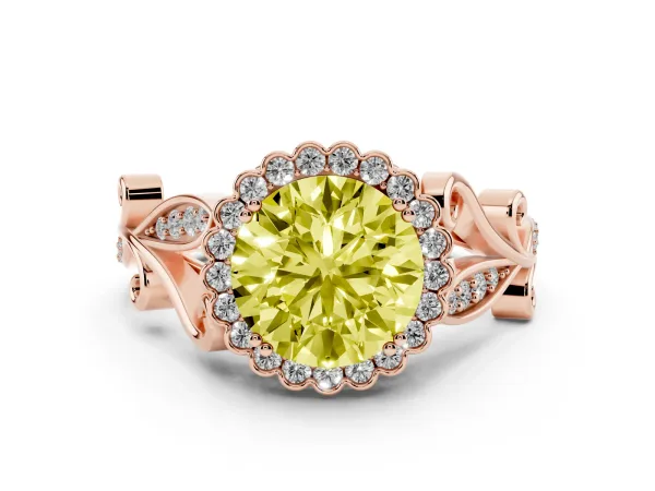 Fancy Yellow Round Cut Diamond Halo Ring with Vintage Split Shank and Four-Prong Setting Rose gold