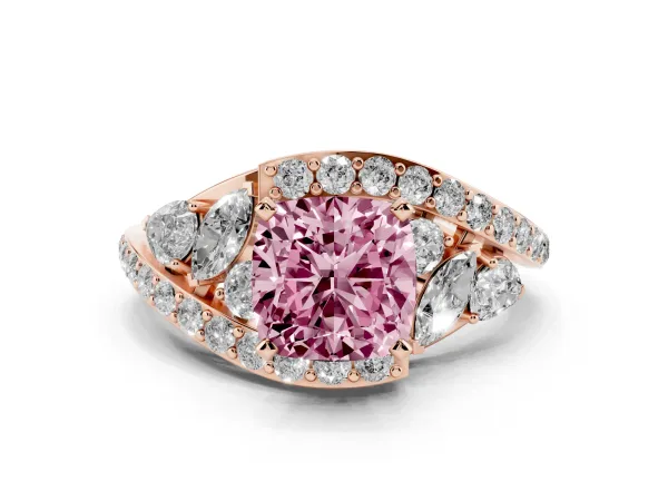 Fancy Pink Cushion Cut Diamond Halo Ring with Marquise and Pavé Band in Prong Setting Rose gold