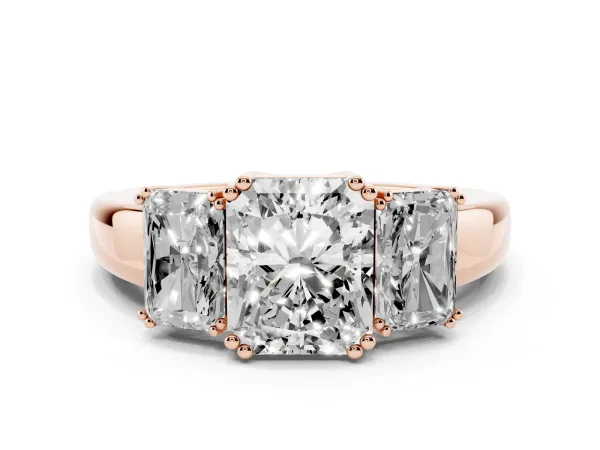 Three-Stone Radiant Cut Cut Diamond Ring with Channel Set Band and Four-Prong Setting Rose gold