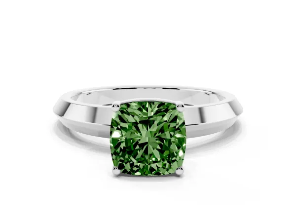 Fancy Green Cushion Cut Cut Solitaire Engagement Ring with Flat Band and Four-Prong Setting Platinum