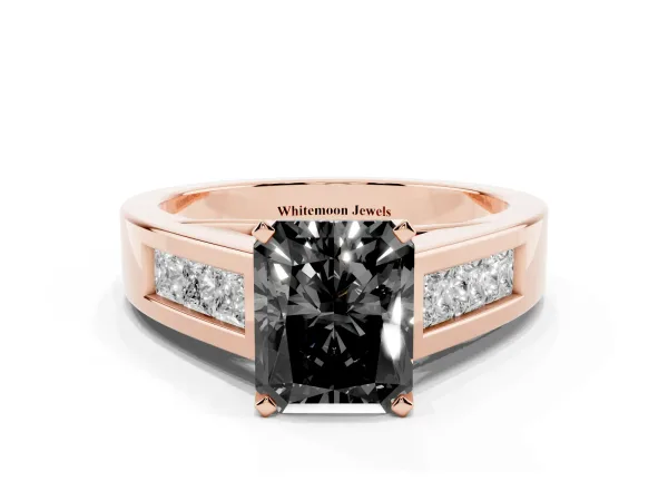 Fancy Black Radiant Cut Cut Channel Set Solitaire Ring with Four-Prong Setting Rose gold
