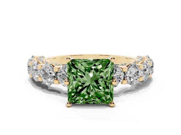 Fancy Green Princess Cut Diamond Side Stone Engagement Ring with Four-Prong Setting Yellow gold