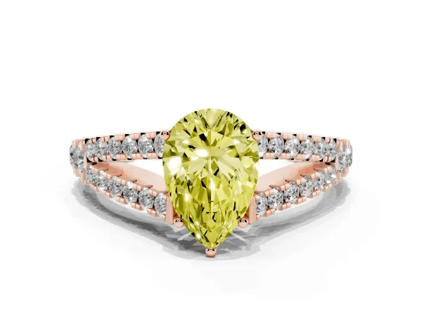 Fancy Yellow Pear Cut Diamond Split Shank Pavé Engagement Ring with Four-Prong Setting Rose gold