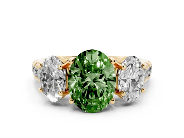 Fancy Green Three-Stone Oval Cut Diamond Pavé Band with Prong Setting Yellow gold