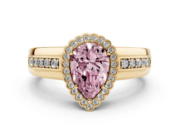 Fancy Pink Pear Cut Cut Halo Pave Band Four-Prong Ring Yellow gold
