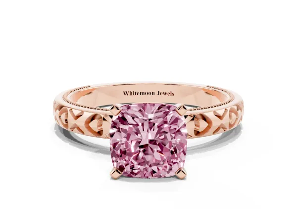 Fancy Pink Cushion Cut Solitaire Diamond Engagement Ring with XO Engraved Band and Four-Prong Setting Rose gold