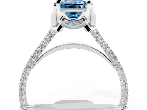 Fancy Blue Emerald Cut Solitaire Pave Split Shank Ring with Four-Prong Setting Platinum