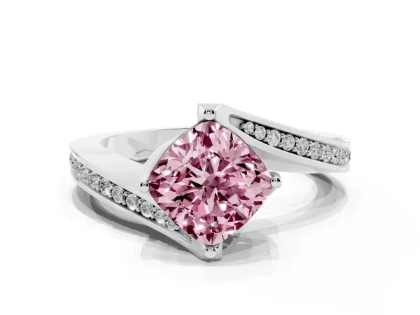 Fancy Pink Cushion Cut Solitaire Diamond Twist Band with Pavé Setting and Four-Prong Setting Platinum