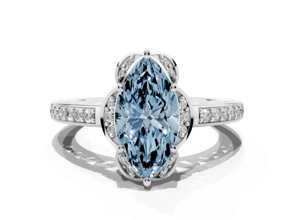 Fancy Blue Marquise Cut Cut Halo Diamond Ring with Channel Set Band and Four-Prong Setting Platinum