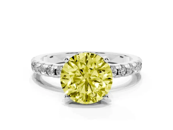 Fancy Yellow Round Cut Diamond Solitaire Ring with Round Pavé Band and Four-Prong Setting Platinum