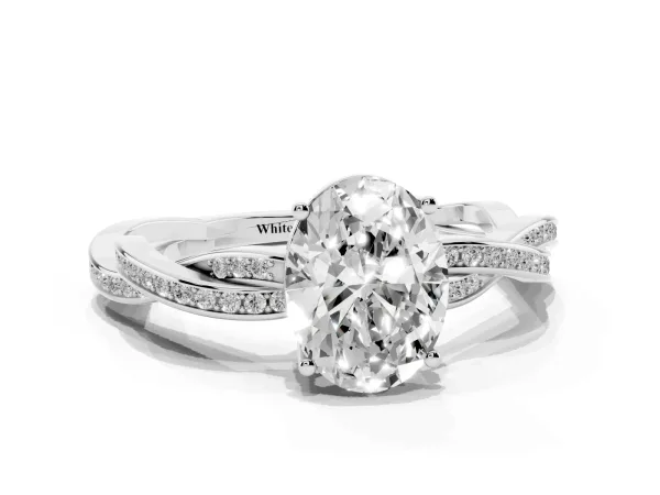 Oval Cut Solitaire Twisted Pave Diamond Ring with Four-Prong Setting White gold