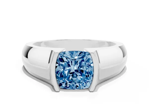 Fancy Blue Cushion Cut Solitaire Bezel Set Diamond Ring with Wide Band Platinum