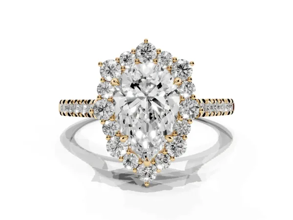 Pear Cut Halo Diamond Ring with Pavé Band and Prong Setting Yellow gold