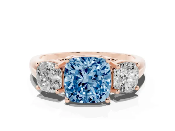 Fancy Blue Three-Stone Cushion Cut Diamond Engagement Ring with Prong Setting Rose gold