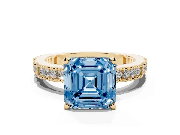 Fancy Blue Asscher Cut Solitaire with Pavé Band and Four-Prong Setting Yellow gold