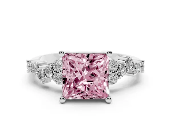 Fancy Pink Princess Cut Diamond Scattered Round Accent Ring with Prong Setting White gold