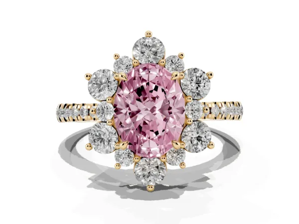 Fancy Pink Oval Cut Diamond Floral Halo Ring with Round Pavé Band and Prong Setting Yellow gold
