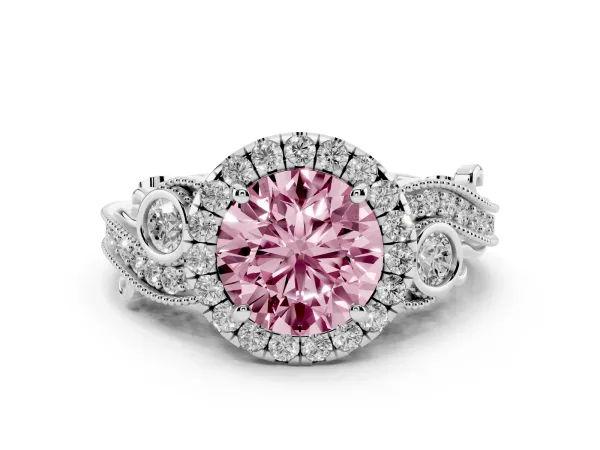 Fancy Pink Round Cut Halo Diamond Ring with Milgrain and Bezel Accents on a Split Shank Band White gold