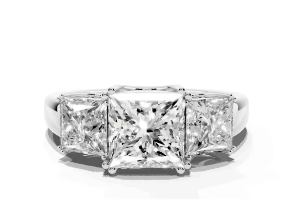 Three-Stone Princess Cut Cut Diamond Ring with Channel Set Band and Four-Prong Setting Platinum
