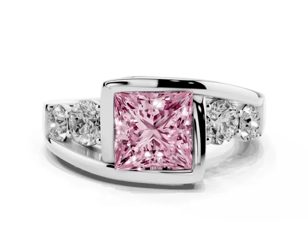 Fancy Pink Bezel Set Princess Cut Diamond Bypass Ring with Round Accents Platinum