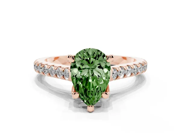 Fancy Green Pear Cut Brilliant Diamond Solitaire with Pavé Band and Four-Prong Setting Rose gold