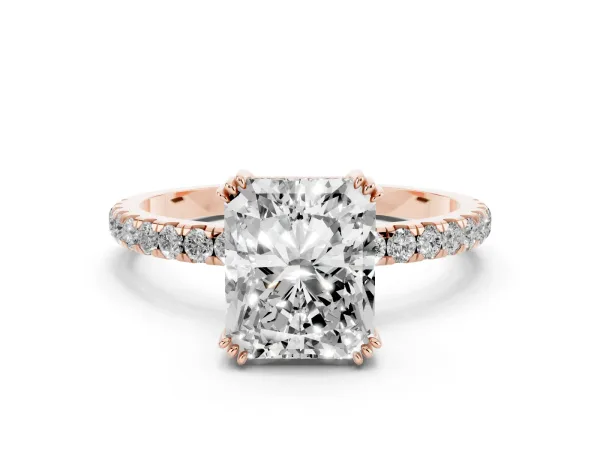 Radiant Cut Brilliant Solitaire with Pavé Band and Claw Prong Setting Rose gold