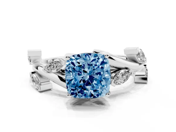 Fancy Blue Cushion Cut Solitaire Twisted Band Marquise Accent Prong Setting Ring White gold