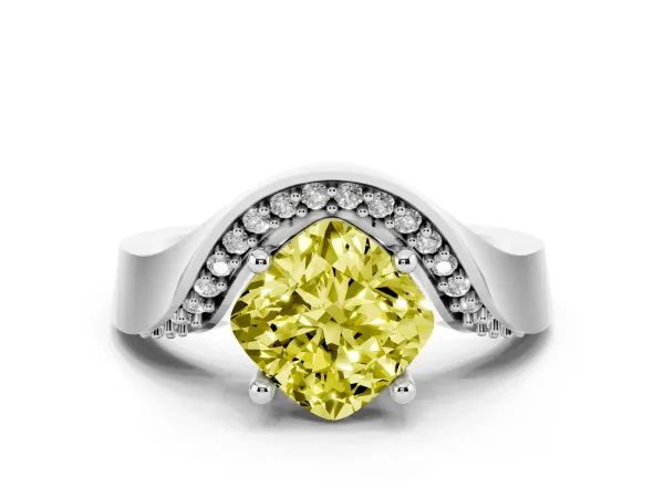 Fancy Yellow Cushion Cut Solitaire Diamond Engagement Ring with Pave Band and Four-Prong Setting White gold