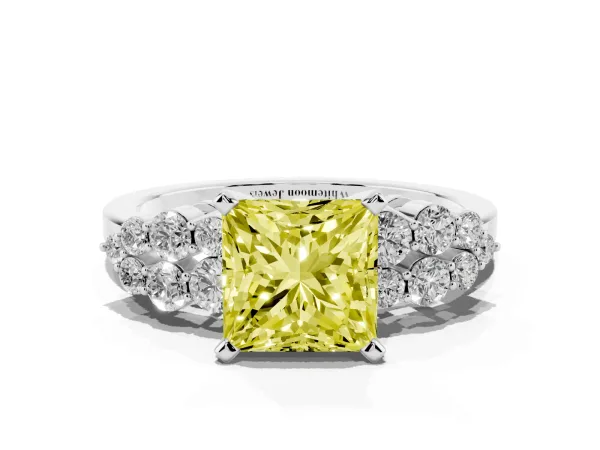 Fancy Yellow Princess Cut Cluster Diamond Engagement Ring with Pavé Band and Four-Prong Setting White gold