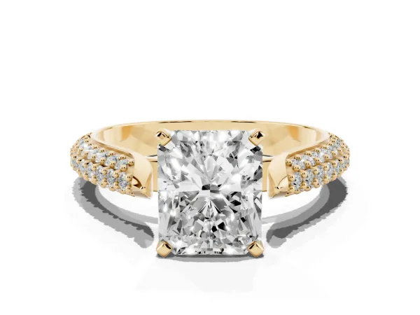 Radiant Cut Diamond Solitaire Engagement Ring with Multi-Row Round Pavé Band and Prong Setting Yellow gold