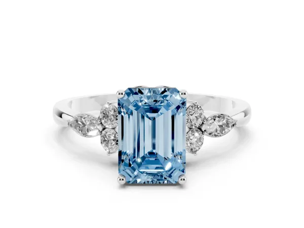 Fancy Blue Emerald Cut Brilliant Diamond Solitaire Ring with Pear Side Stones and Four-Prong Setting Platinum