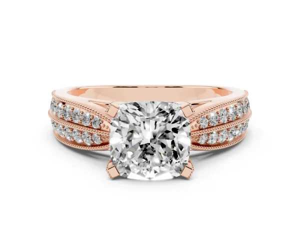 Cushion Cut Diamond Solitaire Ring with Milgrain Round Pavé Band and Prong Setting Rose gold
