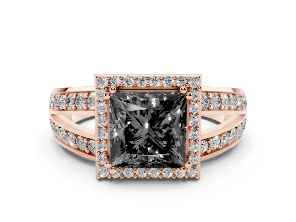 Fancy Black Princess Cut Diamond Halo Ring with Split Shank Pavé Band and Four-Prong Setting Rose gold