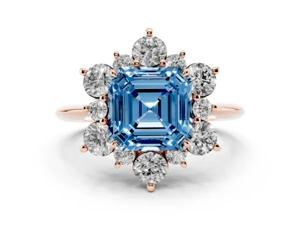 Fancy Blue Asscher Cut Diamond Cluster Halo Ring with Solitaire Band and Four-Prong Setting Rose gold