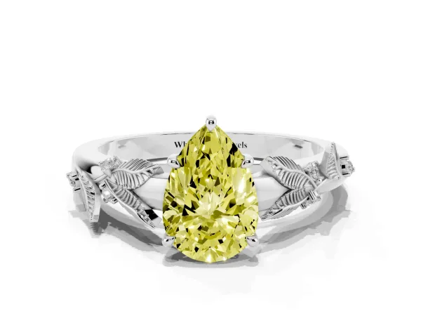 Fancy Yellow Pear Cut Diamond Solitaire Ring with Leaf Motif Band and Four-Prong Setting White gold