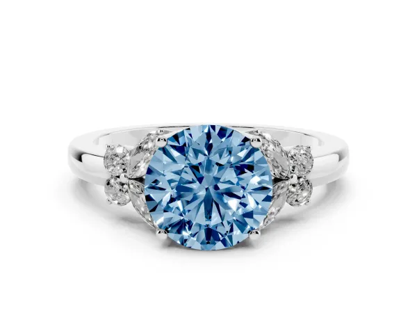 Fancy Blue Round Cut Cut Solitaire Floral Diamond Ring with Four-Prong Setting White gold
