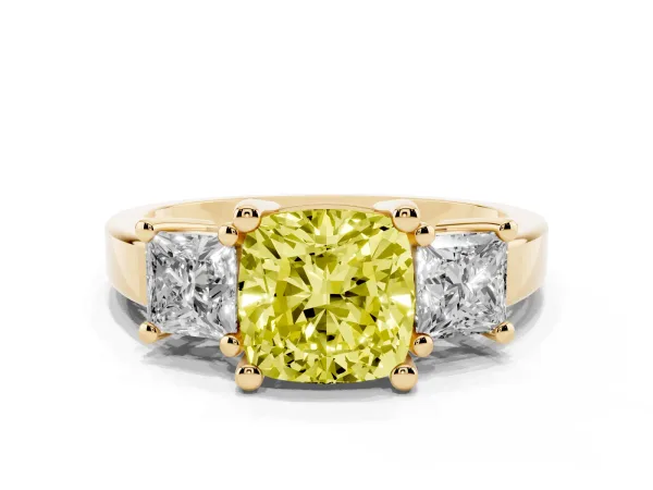 Fancy Yellow Three-Stone Cushion Cut Cut Solitaire Ring with Prong Setting Yellow gold